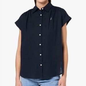 Nautica Women's Navy Linen Blend Short Sleeve Button Up Shirt Sz L